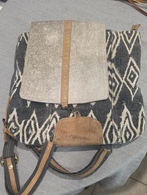 Myra Bag Gray & Cream Boho Backpack with Tan Leather Trim